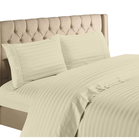 Fresh Linen Collection 600 Thread Count Solid 100% Egyptian Quality Cotton Deep Pocket Sheet Set (Queen, Ivory Stripe)