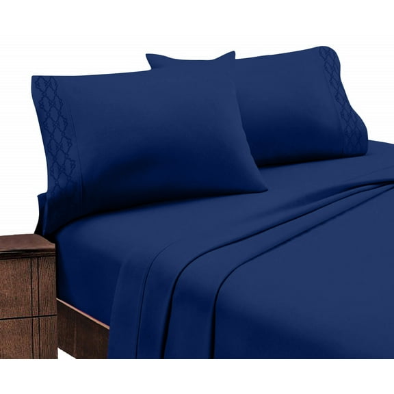 Fresh Linen Extra Soft Deep Pocket Embroidery Luxury 3-piece Sheet Set (Twin Extra Long, Navy)
