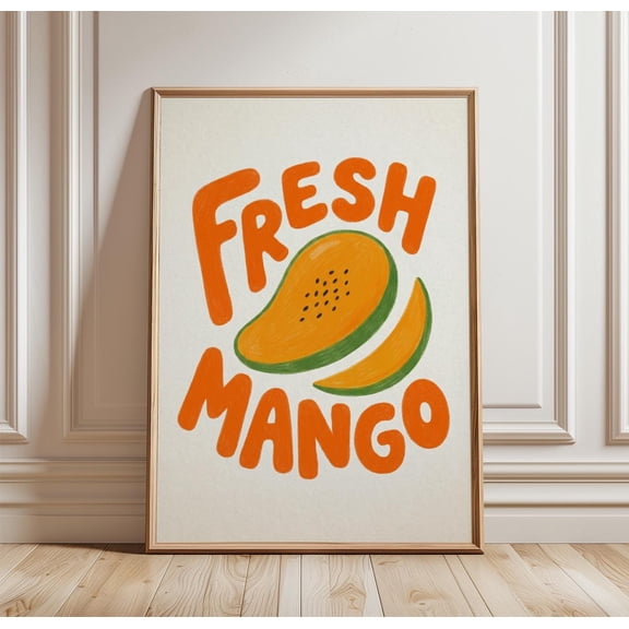 Fresh Mango Poster Print, Retro Kitchen Wall Art With Mango Slice Illustration And Bold Typography, Tropical Fruit Decor, Poster Only