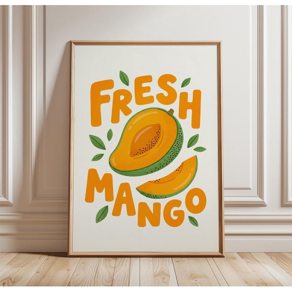 Fresh Mango Poster Print, Retro Kitchen Wall Art With Mango Slice Illustration And Bold Typography, Tropical Fruit Decor, Poster Only
