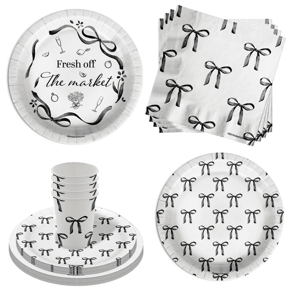 Fresh off the Market Bridal Shower Party Supplies - 64 Piece Black Bows Bridal Shower Tableware Set Includes Large 9" Dinner Plates and 8" Dessert Paper Plates Napkins Cups - Kit for 16