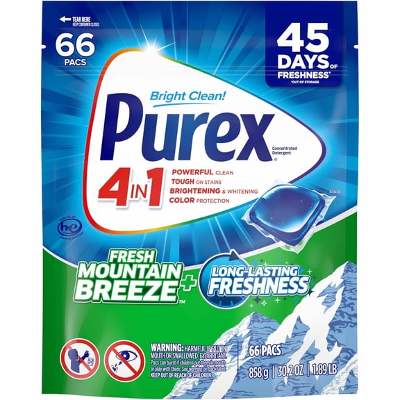Fresh Mountain Breeze Laundry Detergent Pacs, 66 Count, Pre Measured Pacs