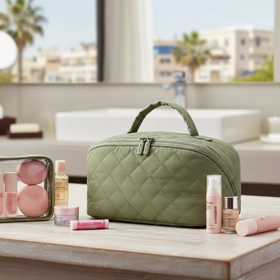 Fresh Natural Eco-Friendly Cotton Travel Makeup Bag Large Capacity Handheld Cosmetic Organizer with Dedicated Makeup Brush Slots Premium Toiletry Bag for Women (Green)