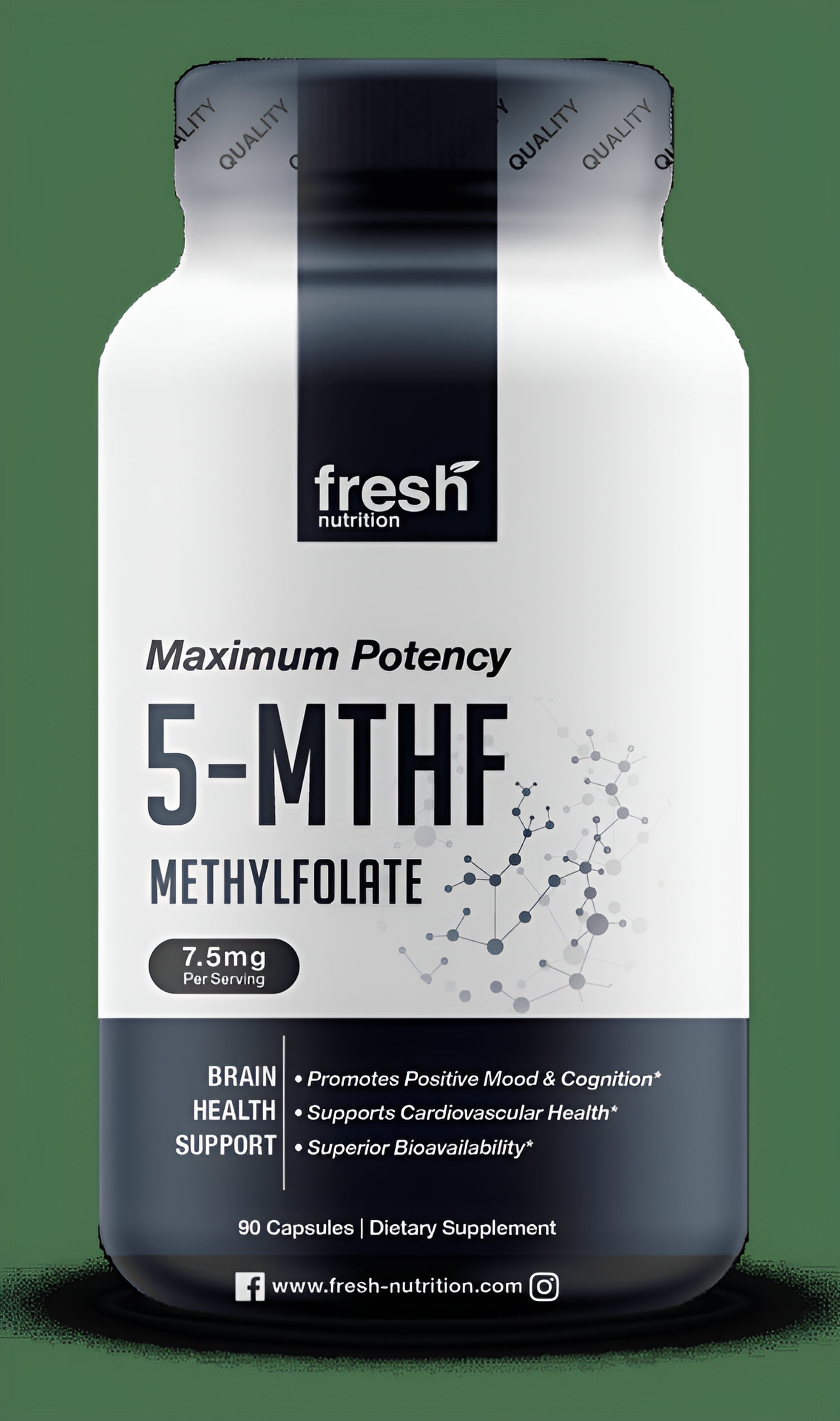 Fresh Nutrition L Methylfolate Supplement 7.5mg DNA Verified for Max Potency 90 Caps