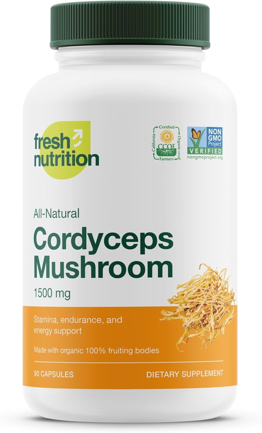 Fresh Nutrition Organic Cordyceps Mushroom Supplement - Strongest DNA Verified 1500mg - 90 Capsules