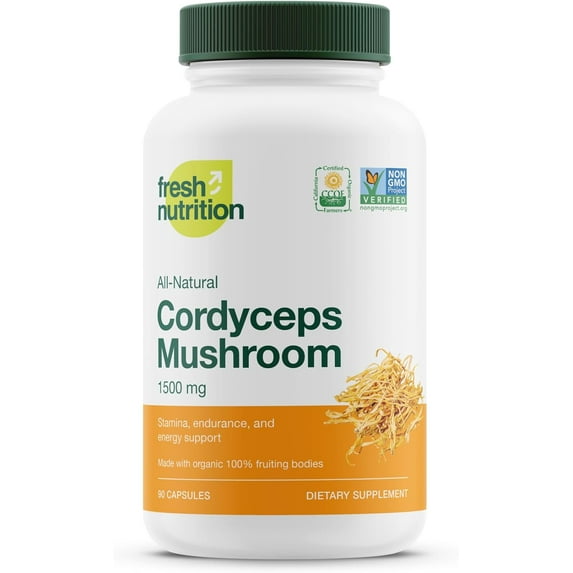 Fresh Nutrition Organic Cordyceps Mushroom Supplement - Strongest DNA Verified 1500mg - 90 Capsules
