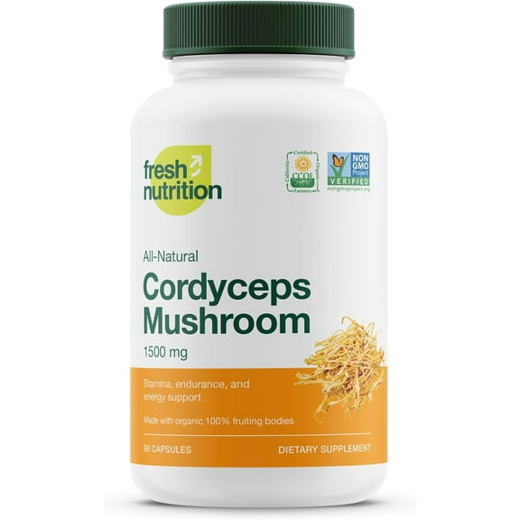 Fresh Nutrition Organic Cordyceps Mushroom Supplement - Strongest DNA Verified 1500mg - 90 Capsules