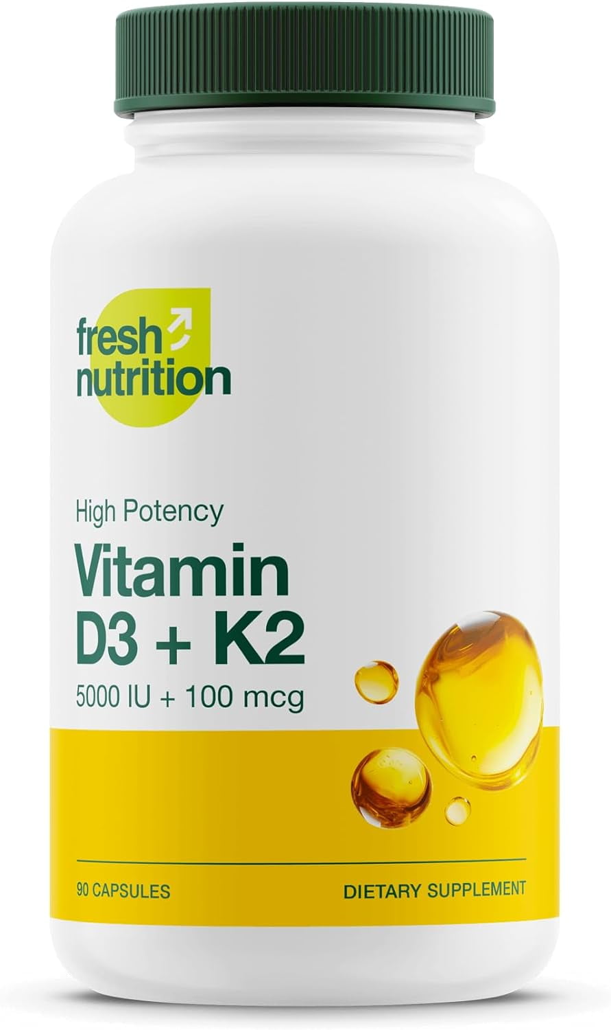 Fresh Nutrition Vegan Vitamin D3 (5000iu/125mcg) + Vitamin K2 (100mcg as MK-7)