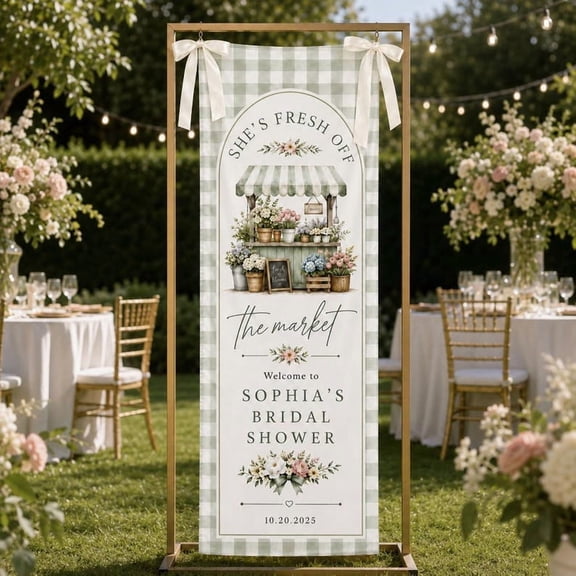 Fresh Off The Market Bridal Shower Fabric Banner, Custom Name and Date Welcome Sign, Market Theme Party Backdrop