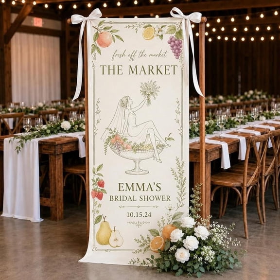 Fresh Off The Market Bridal Shower Fabric Welcome Banner, Custom Name and Date Sign, Bachelorette Party Backdrop, Bride Gift