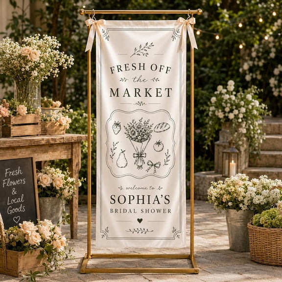 Fresh Off The Market Bridal Shower Fabric Welcome Sign, Personalized Party Backdrop, Custom Name and Date Banner