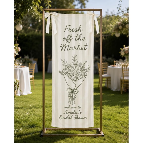 Fresh Off The Market Fabric Banner, Bridal Shower Welcome Backdrop, Custom Name and Date Party Sign