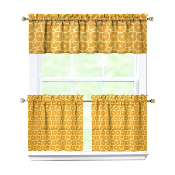 Fresh Orange Fruit Kitchen Curtains Set - Summer Cute Sweet Pattern Print Design Kawaii Orange Lover Cartoon Funny Orange Juice Illustration Tier and Valance Light Filtering Rod Pocket Drapes 3-Piece