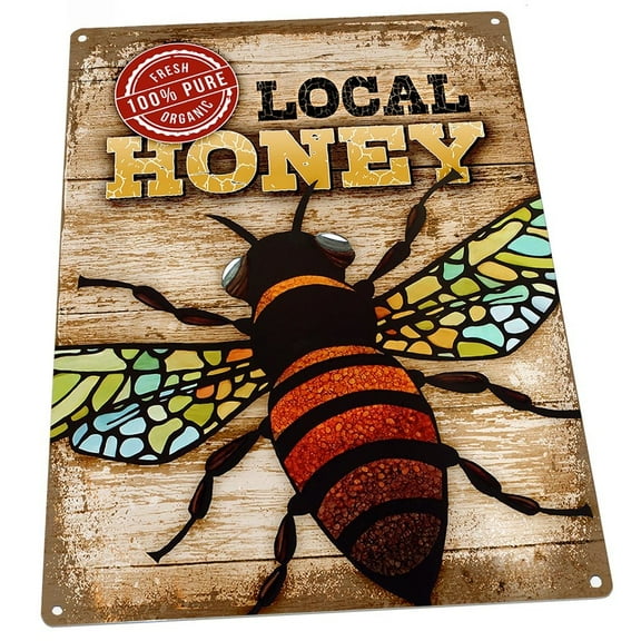 Fresh Organic Local Honey with Bee 9"x12" Metal Sign, Wall Decor for Porch, Patio, or Deck