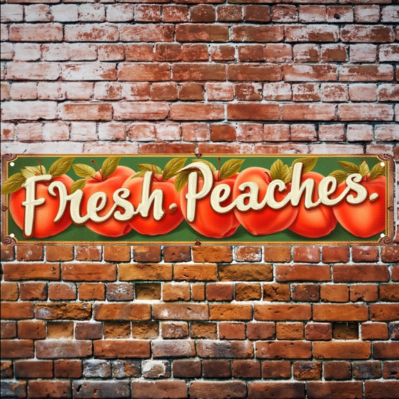 Fresh Peaches Themed Tin Signs - 16x4 Inches - Ideal for Kitchen, Farm, Summer Decor - Vintage Metal Wall Art, Juicy Vibe, Pair with Funny Tapestry, Metal Signs