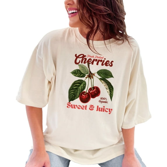 Fresh Picked Cherries Tee, Cherry Print Shirt, 100 Percent Organic T-Shirt, Vintage Fruit Graphic Top, Ivory Comfort Colors T-Shirt, Small