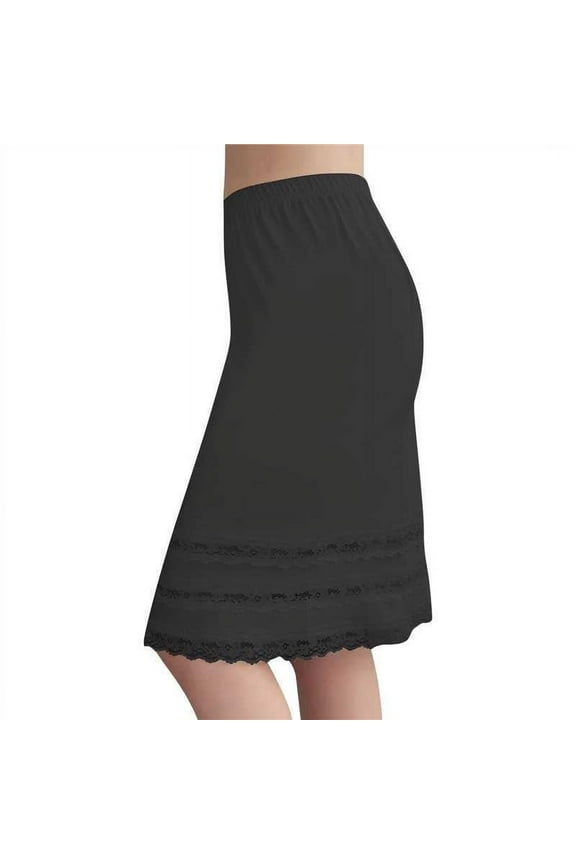 Womens Basic Cotton Midi Skirts Casual Solid Color Half Slips Extender Lace Hem Underskirt Elastic Waist Knee Length Skirt