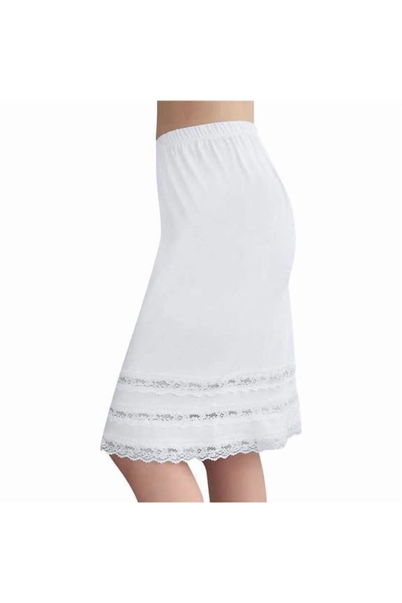 Womens Basic Cotton Midi Skirts Casual Solid Color Half Slips Extender Lace Hem Underskirt Elastic Waist Knee Length Skirt
