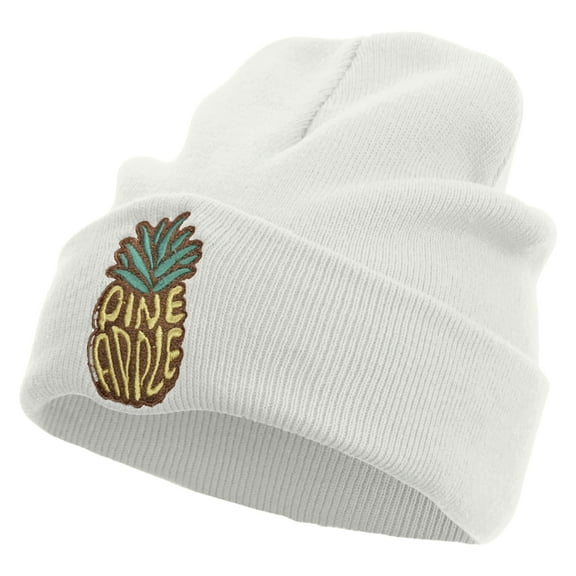 Fresh Pineapple Embroidered 12 Inch Long Knitted Beanie - White OSFM