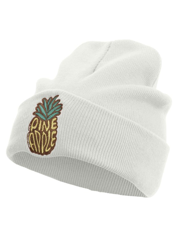 Fresh Pineapple Embroidered 12 Inch Long Knitted Beanie - White OSFM