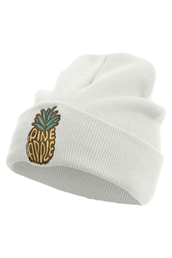 Fresh Pineapple Embroidered 12 Inch Long Knitted Beanie - White OSFM