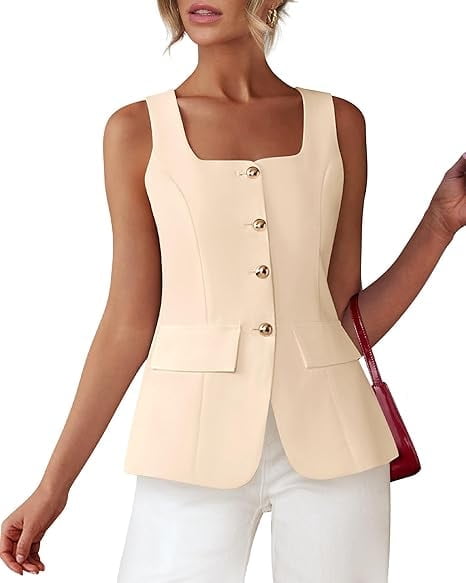 FreshPretty Womens Sleeveless Suit Vests Dressy Casual Square Neck
