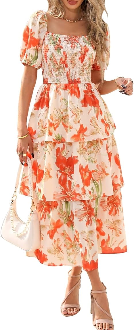 FreshPretty Womens Square Neck Smocked Dress Summer Puff Short Sleeve ...