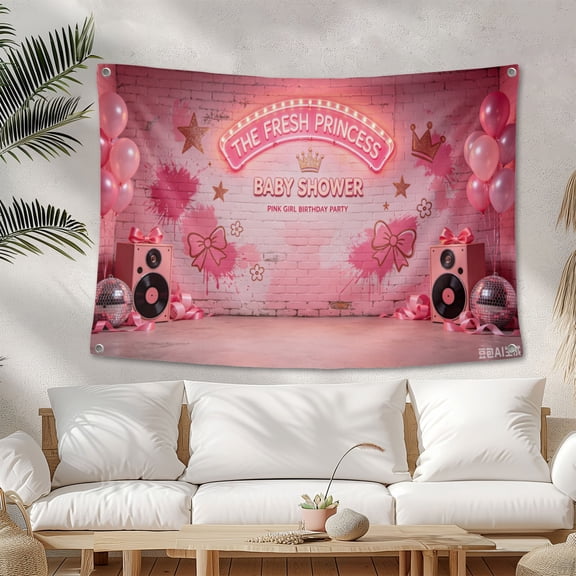 The Fresh Princess Baby Shower Party Decorations Banner Photo Studio Background Pink Graffiti Brick Wall Hip Hop Vintage Disco Neon Girl Birthday Backdrops Props for Photography .92FT100*15
