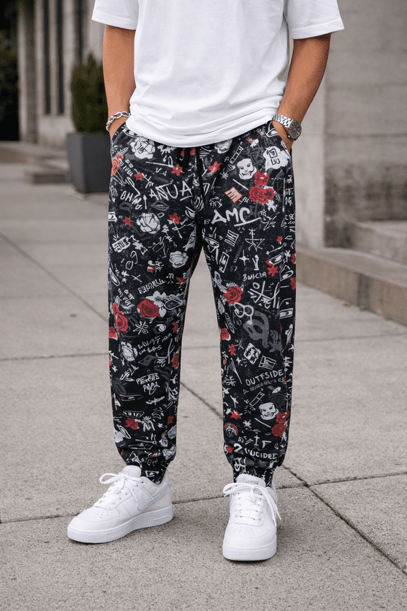 Fresh Prints of BelAir Graffiti Jogger Pants Black / Red Roses Size Medium