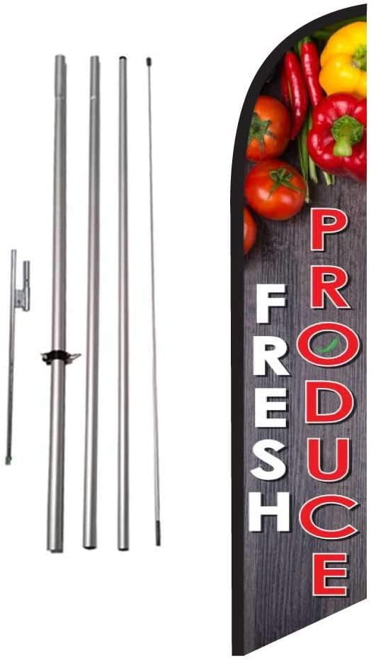 Fresh Produce Farmers Market Advertising Feather Banner Swooper Flag Sign with Flag Pole Kit and Ground Stake