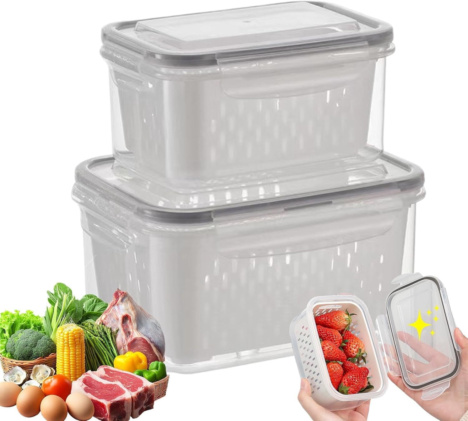 Fresh Produce Keeper - 2 Pack BPA Free Fridge Container, Salad Spinner Box With Strainer Insert, Leakproof Vegetable Saver For Crisper Drawer, Stackable Fruit Tote For Meal Prep, Lunch