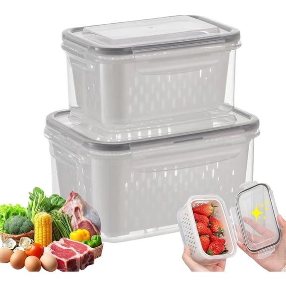 Fresh Produce Keeper - 2 Pack BPA Free Fridge Container, Salad Spinner Box With Strainer Insert, Leakproof Vegetable Saver For Crisper Drawer, Stackable Fruit Tote For Meal Prep, Lunch