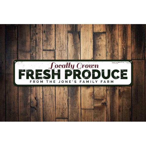 Fresh Produce Sign Locally Grown Fruit & Vegetable Family Farm Last Name Metal Kitchen Decor Fresh Produce - Size: 16 x 4 Inches