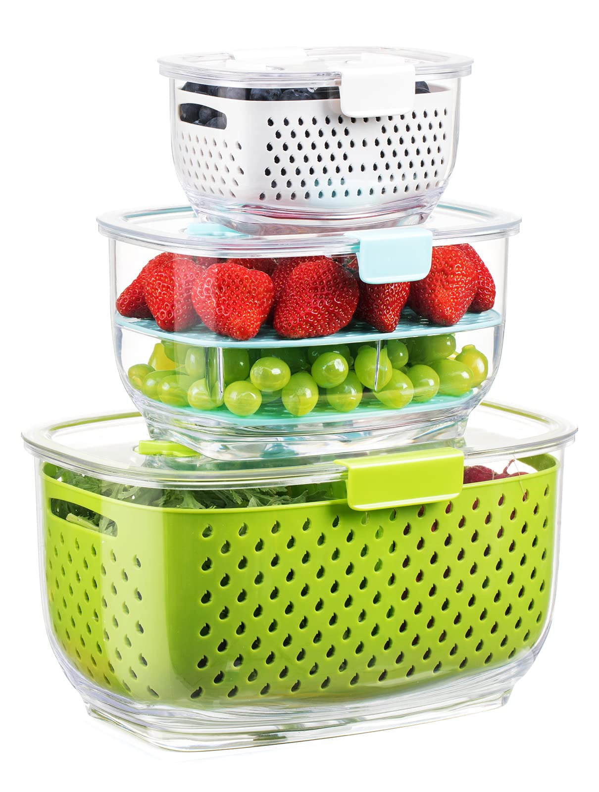Fresh Produce Storage Containers 3-Piece Set BPA-Free Partitioned Salad Container Refrigerator Organizer for Fruits and Vegetables White
