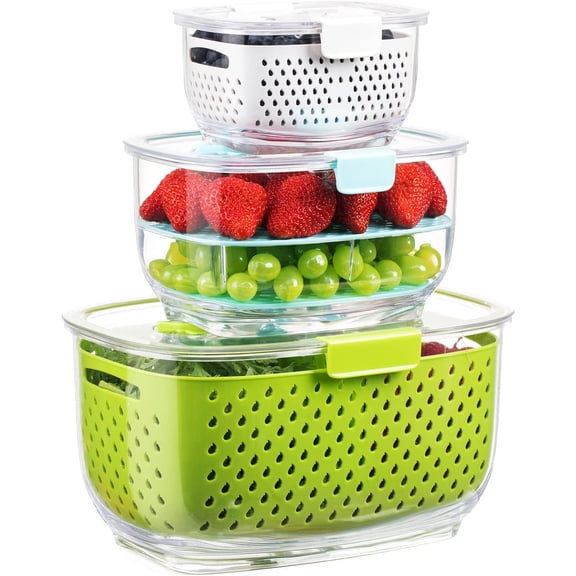 Fresh Produce Vegetable Fruit Storage Containers 3Piece Set, BPA-free Fridge Storage Container, Partitioned Salad Container, Fridge Organizers, Used in Storing Fruits Vegetables, Gray