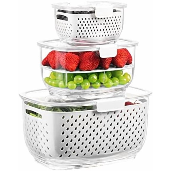 Fresh Produce Vegetable Fruit Storage Containers 3Piece Set, BPA-free, Partitioned Salad Container, Fridge Organizers, Used in Storing Fruits Vegetables, White