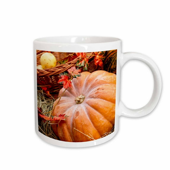 3drose, Fresh Pumpkin, Hay, Decorative Leaves. Autumn Scene, 11oz Mug