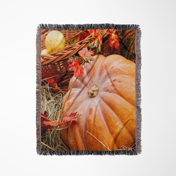 Fresh Pumpkin, Hay, Decorative Leaves. Autumn Scene, Woven Blanket
