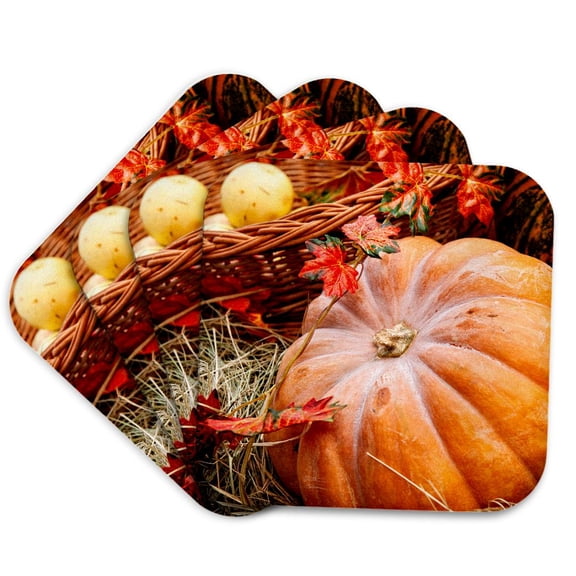 3drose, Fresh Pumpkin, Hay, Decorative Leaves. Autumn Scene, Set of 4 Coasters - Soft
