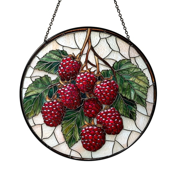 Fresh Raspberry Stained Glass Window Suncatcher, Bright Berry Fruit Decor, Playful Kitchen Gift