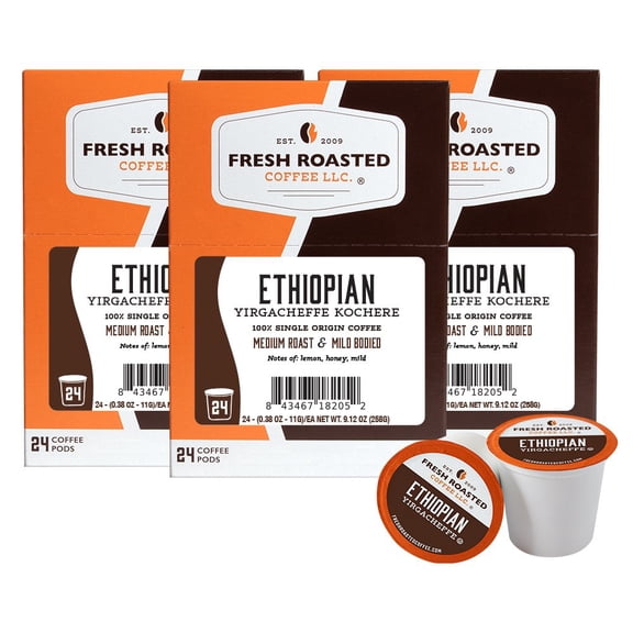 Fresh Roasted Coffee, 100% Ethiopian Yirgacheffe Coffee Pods, Medium Roast, K-cup Compatible, 72 Count