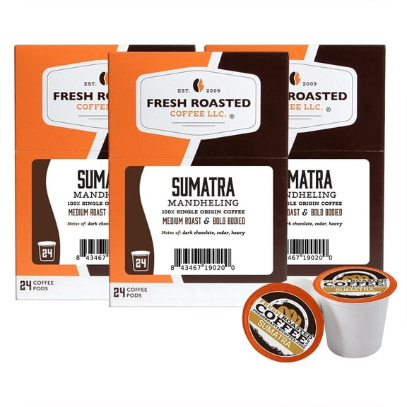 Fresh Roasted Coffee, 100% Sumatra Mandheling Coffee Pods, Medium Roast, K-cup Compatible, 72 Count