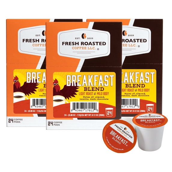Fresh Roasted Coffee, Breakfast Blend Coffee Pods, Light Roast, K-cup Compatible, 72 Count