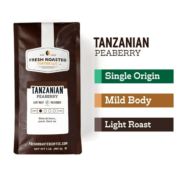 Fresh Roasted Coffee, Tanzanian Peaberry Coffee, Light Roast, Whole Bean, 32 oz 2 lbs