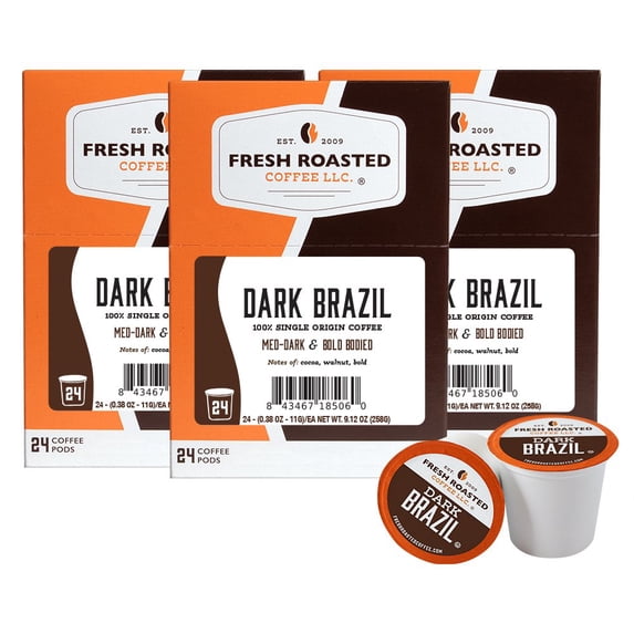 Fresh Roasted Coffee, Dark Brazil Coffee Pods, Med-Dark Roast, K-cup Compatible, 72 Count