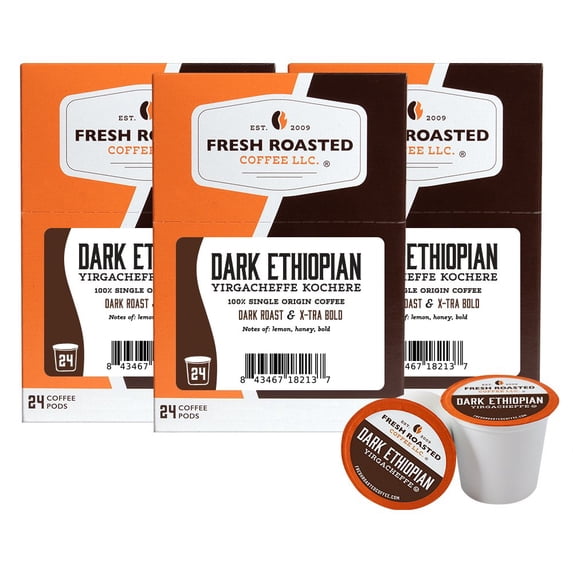 Fresh Roasted Coffee, Dark Ethiopian Yirgacheffe Kochere Coffee Pods, Dark Roast, K-cup Compatible, 72 Count