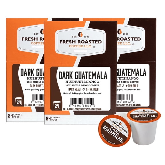 Fresh Roasted Coffee, Dark Guatemalan Huehuetenango Coffee Pods, Dark Roast, K-cup Compatible, 72 Count