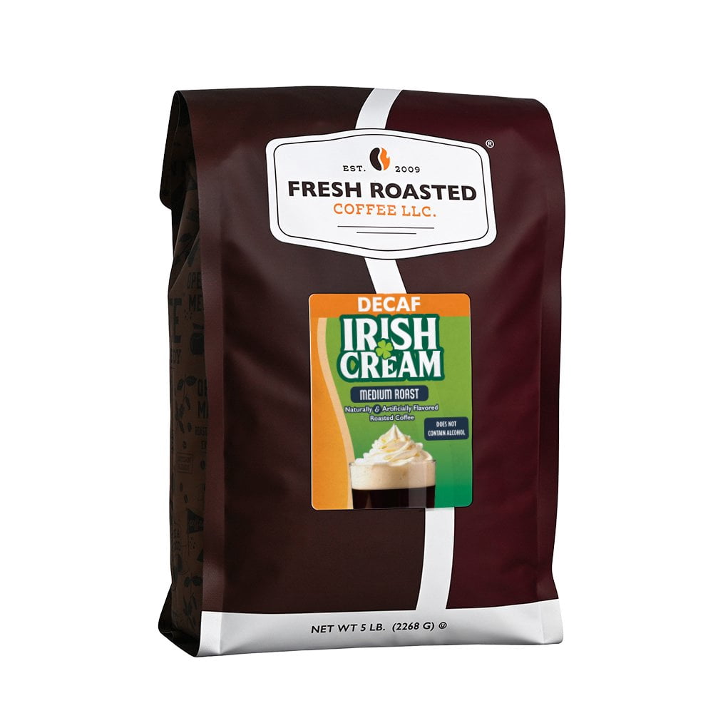 Fresh Roasted Coffee, Decaf Irish Cream Flavored Coffee, Medium Roast, Whole Bean, 80 oz 5 lbs