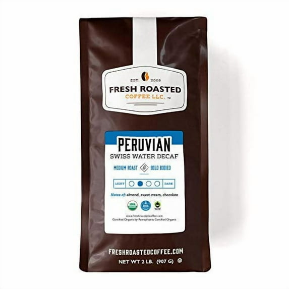 Fresh Roasted Coffee, Swiss Water Decaf Peru, Organic Fair Trade Kosher, Medium Roast Whole Bean, 32 Ounce