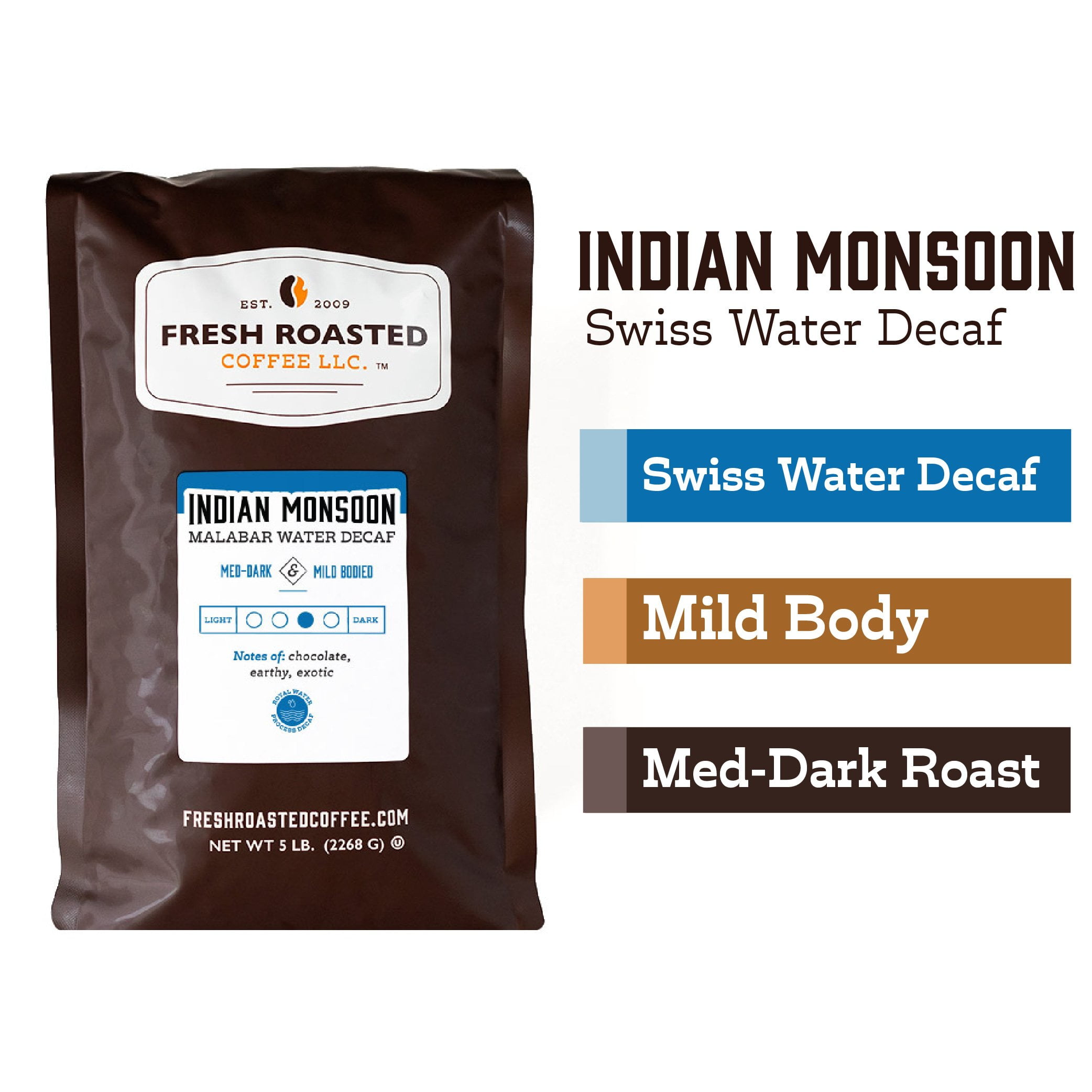 Fresh Roasted Coffee, Indian Monsoon Water Decaf Coffee, Medium-Dark Roast Whole Bean, 80 oz